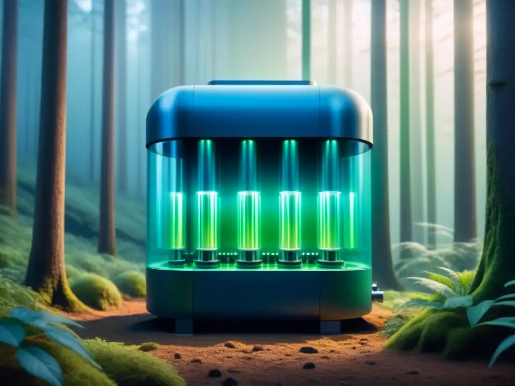 Un sistema de bioreactor futurista iluminado con luces LED azules y verdes, reflejando avances en ingeniería metabólica