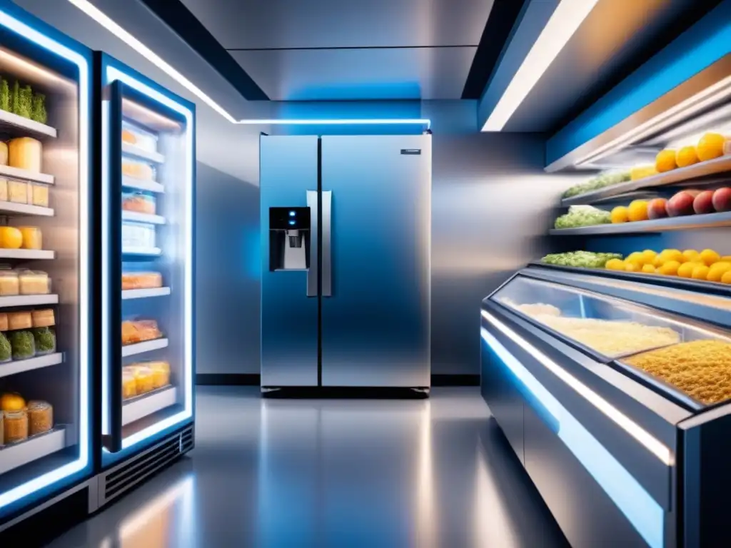 Un sistema de refrigeración avanzada en un diseño futurista y minimalista, resaltando eficiencia y tecnología moderna en una paleta de colores limpios