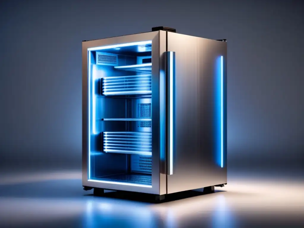 Un sistema de refrigeración industrial futurista y detallado con superficies metálicas, luces LED brillantes y complejas tuberías, sobre fondo blanco