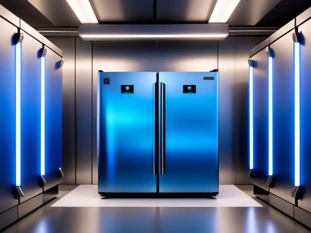 Un sistema de refrigeración industrial futurista con superficies metálicas y detalles azules brillantes, representando tecnología avanzada y eficiencia en un diseño minimalista