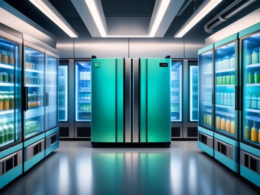 Un sistema de refrigeración industrial futurista con diseño minimalista y tecnología avanzada en tonos de azul y verde