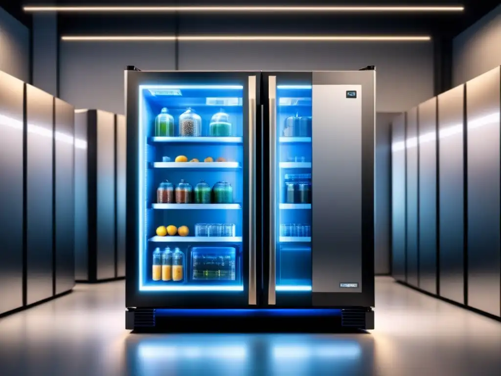 Un sistema de refrigeración industrial iluminado y moderno con indicadores de eficiencia energética, resaltando su avanzada tecnología y diseño