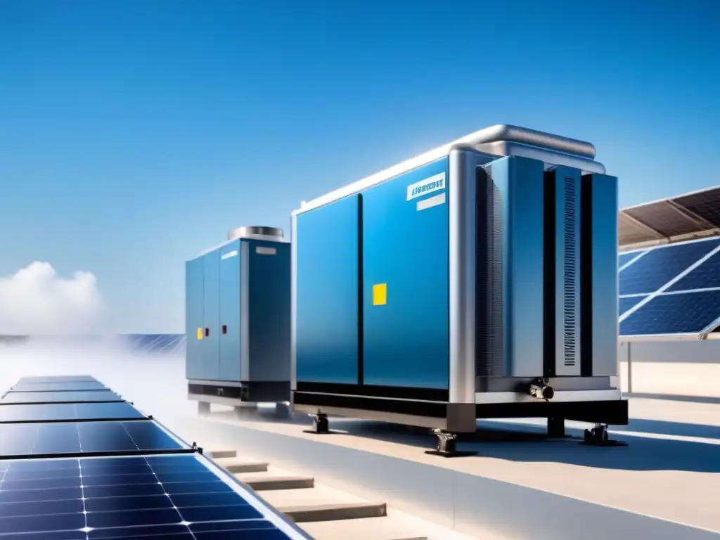 Refrigeración industrial sostenible con paneles solares integrados Un sistema de refrigeración industrial sostenible con energía solar bajo un cielo azul claro