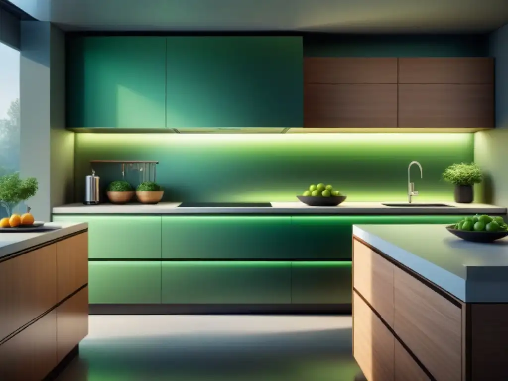 Un sistema de refrigeración sostenible integrado en una cocina moderna, con diseño elegante y toques verdes