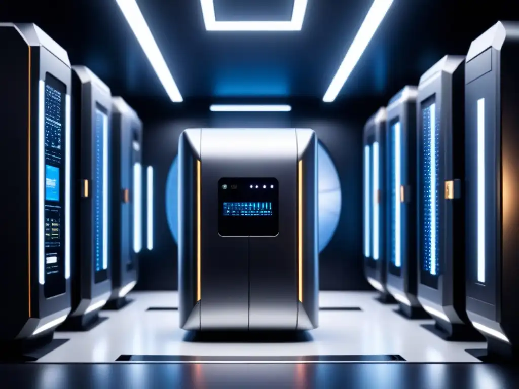 Un sistema supercomputacional futurista integrado en un satélite, con circuitos detallados y luces brillantes en un fondo negro mate