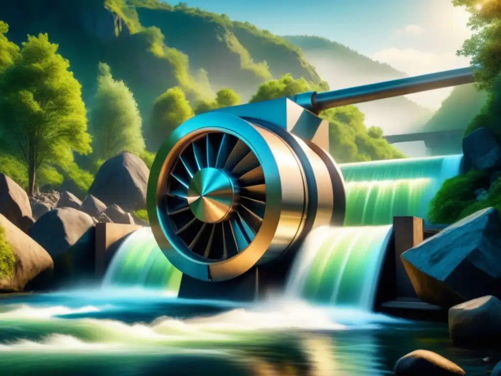 Un sistema de turbina hidroeléctrica pequeña en un río sereno, fusionando la tecnología con la naturaleza