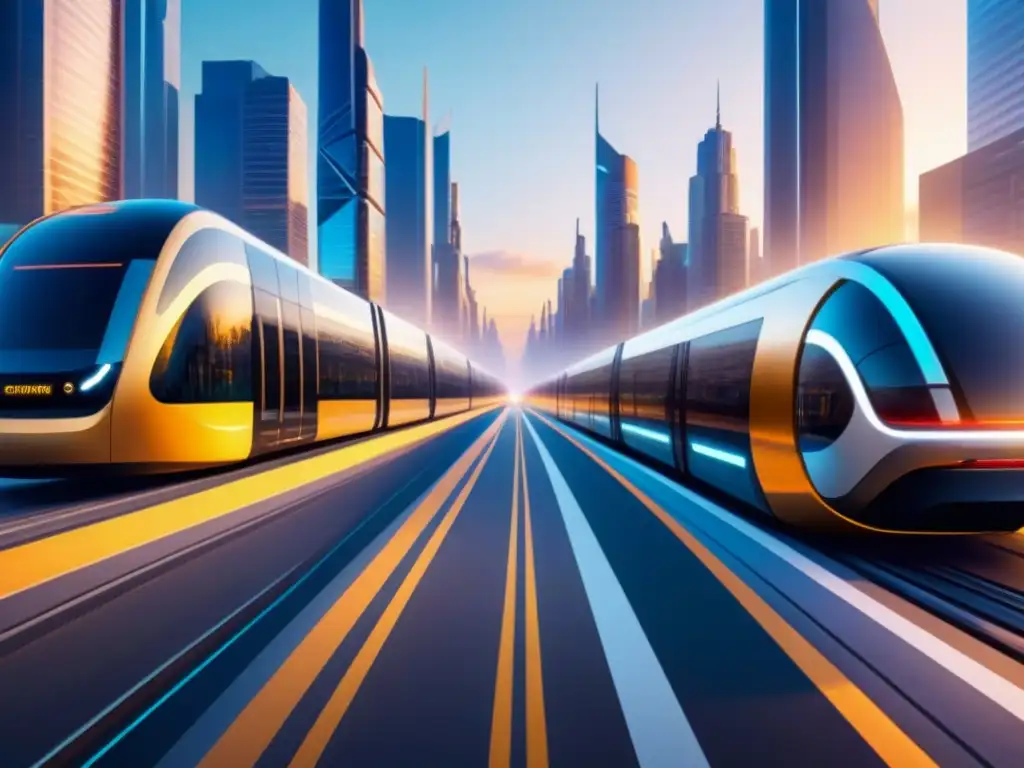 Sistemas inteligentes en infraestructura urbana: una ciudad futurista con modernos sistemas de transporte y rascacielos en hora dorada