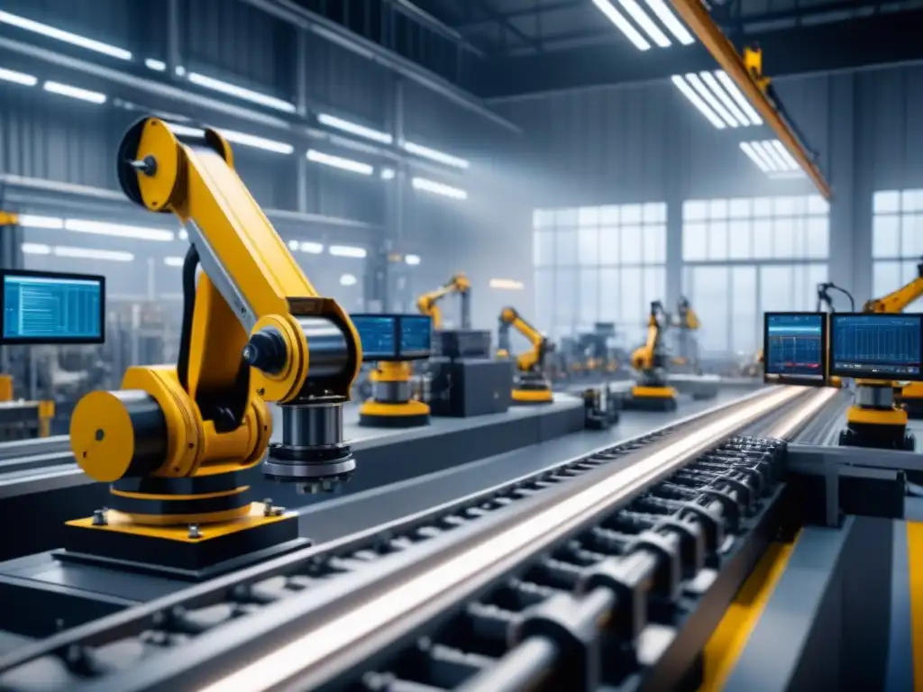 Fábrica del futuro: eficiencia y innovación en la manufactura Implementando sistemas IoT en manufactura: Escena futurista de una fábrica moderna con brazos robóticos y maquinaria sofisticada