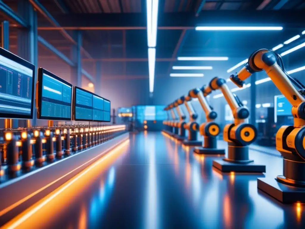 Smart Factory del Futuro: Integración de IoT y Robótica Implementando sistemas IoT en manufactura: Imagen detallada de una fábrica futurista con integración de dispositivos y sensores