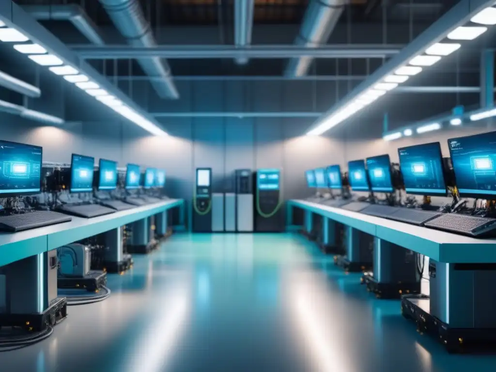 Planta de fabricación innovadora con IoT y robots Implementando sistemas IoT en manufactura: Una planta de alta tecnología con sensores, brazos robóticos y máquinas industriales en armonía futurista