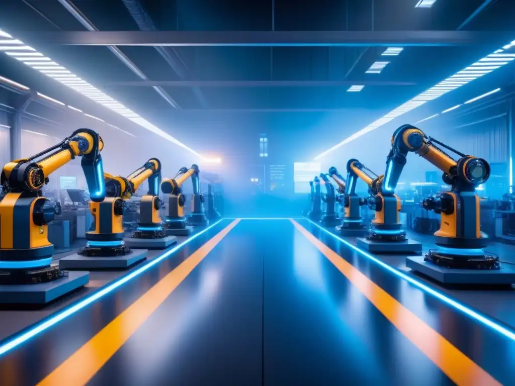 Planta de fabricación futurista con IoT integrado Implementando sistemas IoT en manufactura: Planta futurista con dispositivos conectados en una atmósfera azul tecnológica
