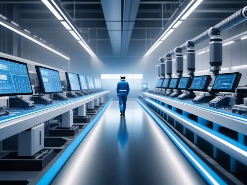 Planta futurista de fabricación: eficiencia con IoT Implementando sistemas IoT en manufactura: Una planta futurista llena de dispositivos interconectados trabajando juntos con precisión y eficiencia