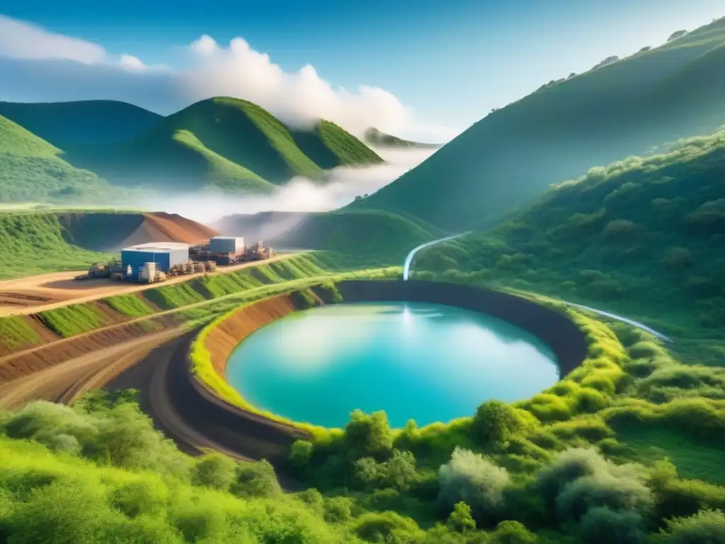 Un sitio minero verde y armonioso bajo un cielo azul, muestra prácticas sostenibles