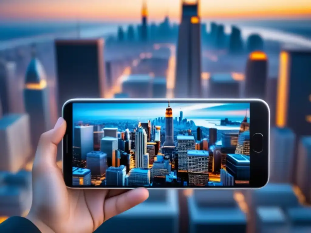 Un smartphone futurista muestra una ciudad avanzada en su pantalla transparente, destacando aplicaciones prácticas de materiales bidimensionales