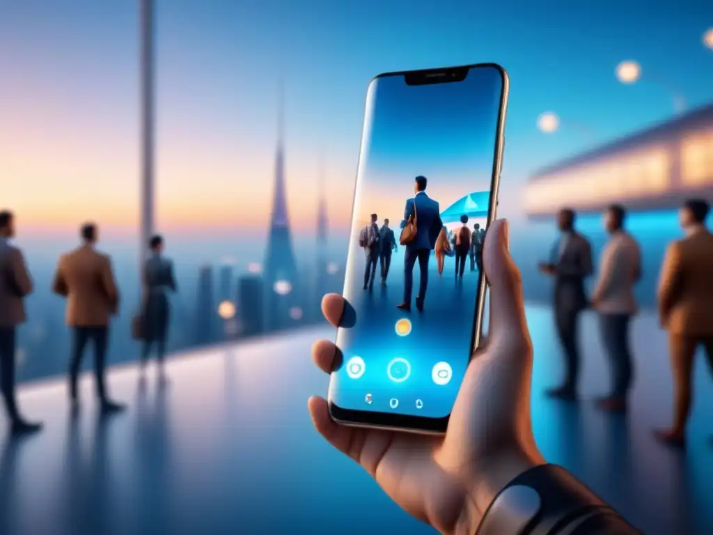 Un smartphone futurista muestra video llamada de alta definición, conectando a personas de todo el mundo