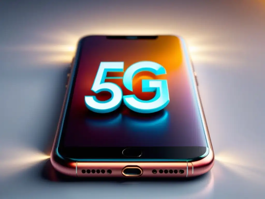 Un smartphone moderno muestra el símbolo de conexión 5G en una superficie blanca, rodeado de iconos digitales futuristas