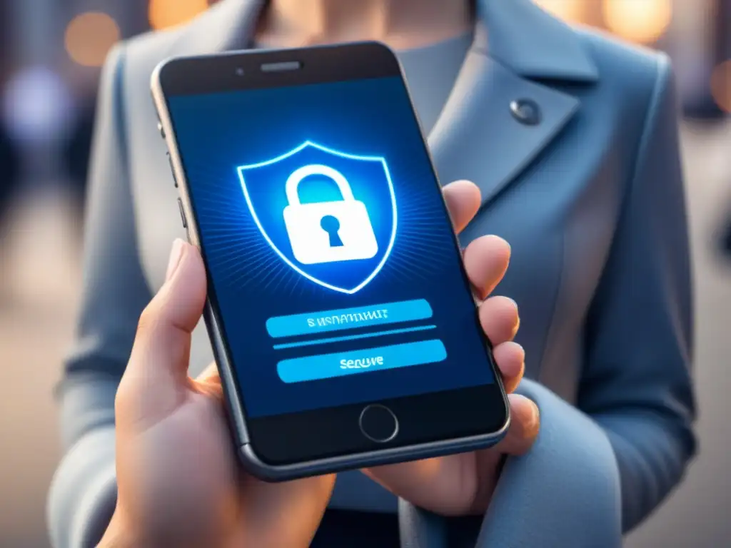 Un smartphone rodeado de iconos de seguridad, con una transacción segura en pantalla