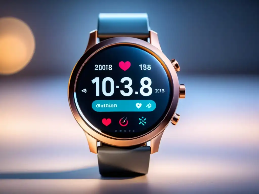 Un smartwatch futurista con funciones de seguimiento de salud avanzadas en un fondo blanco