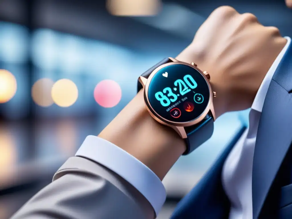 Un smartwatch futurista muestra métricas de ejercicio en un elegante diseño minimalista
