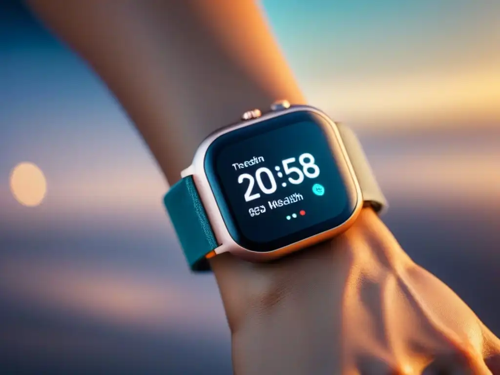 Un smartwatch futurista con pantalla digital personalizable, sobre fondo neutro