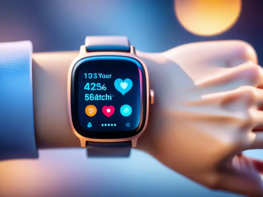 Smartwatch moderno con pantalla vibrante mostrando métricas de salud