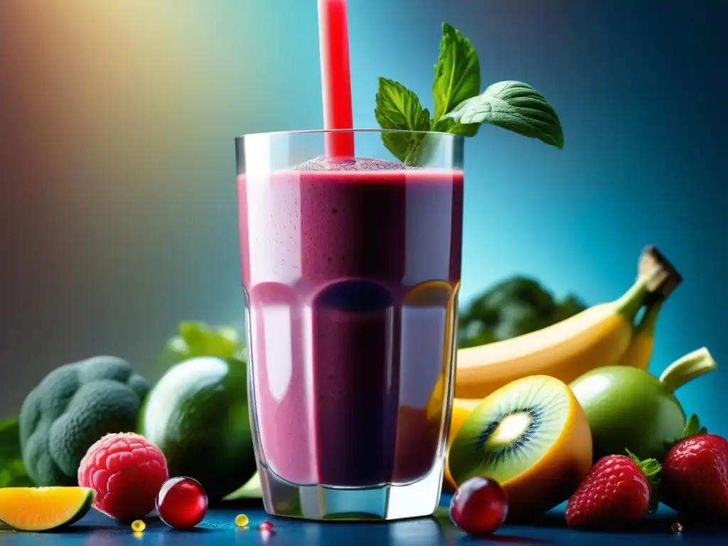 Un smoothie refrescante con frutas y verduras coloridas, transmitiendo la esencia de las bebidas funcionales nutrición hidratación