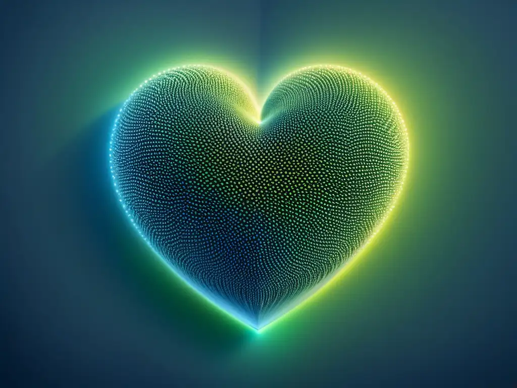 Un sofisticado corazón de datos entrelazados en azul y verde, simbolizando la optimización de precios con IA