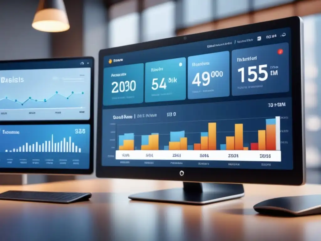 Un sofisticado panel de análisis de clientes con IA en pantalla de alta resolución, con gráficos detallados y visualizaciones de datos en tiempo real en tonos azules, blancos y grises