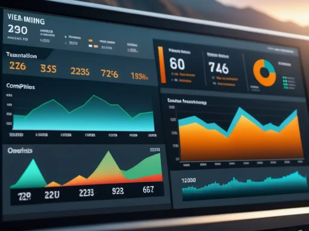 Un sofisticado panel de visualización de datos en minería sostenible con gráficos e interactividad para gestionar recursos y reducir impacto ambiental