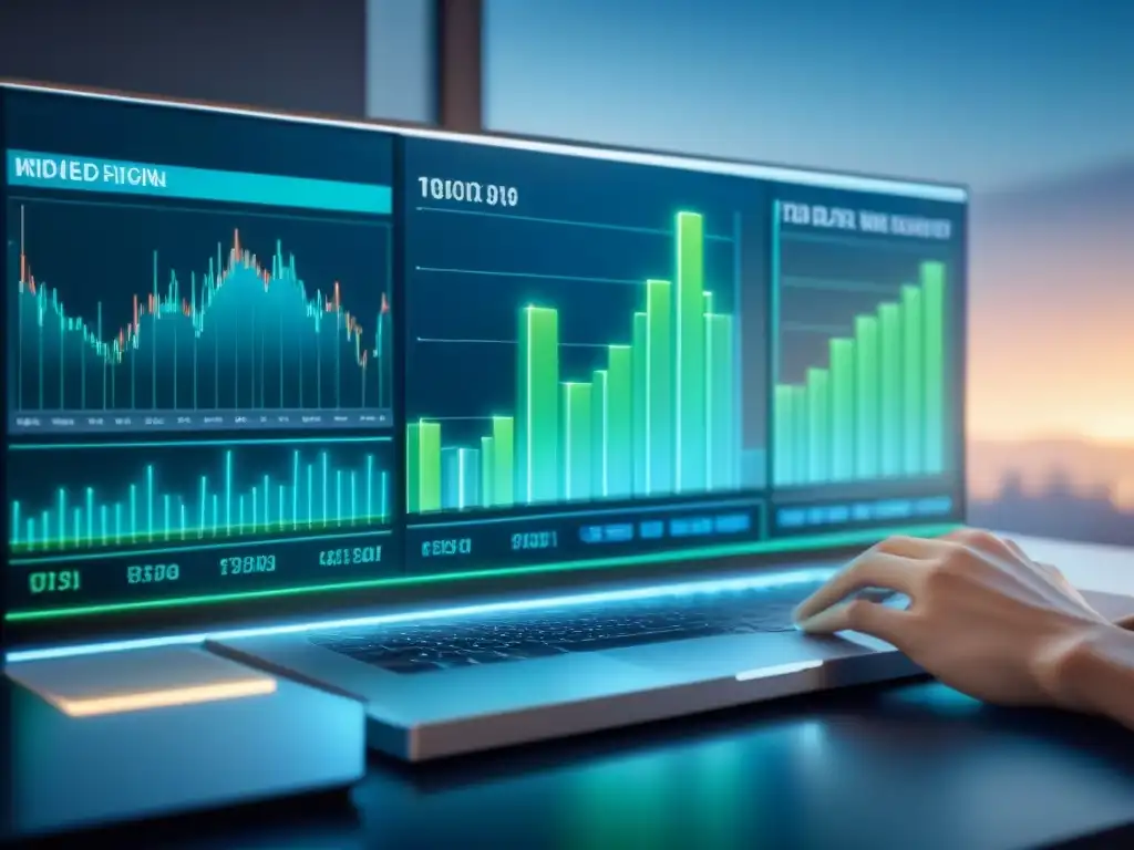 Un sofisticado panel digital muestra análisis de datos Big Data en tonos azules y verdes, ideal para implementación estrategias Big Data decisiones