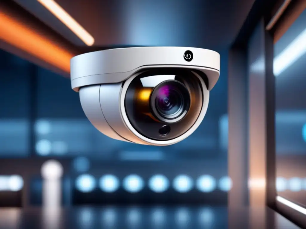 Vigilancia futurista: cámara de seguridad avanzada en entorno corporativo Un sofisticado sistema de vigilancia para empresas con tecnología avanzada de reconocimiento facial e infrarrojos