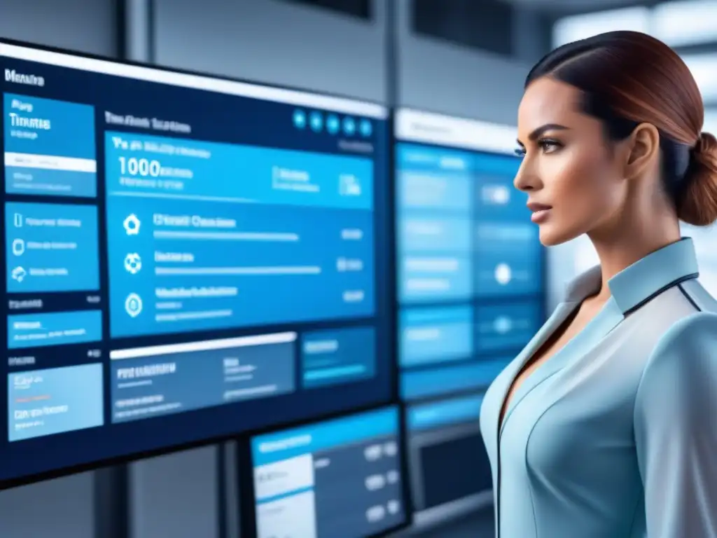 Software de gestión de proyectos: Interfaz digital futurista con tareas interconectadas y diseño minimalista en tonos azules y blancos