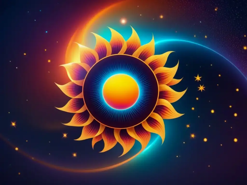 Un sol poderoso fusiona energía en un cosmos estrellado, irradiando luz en colores vibrantes