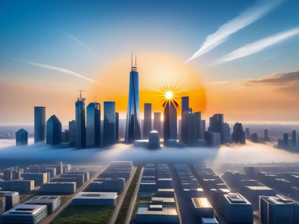 Energía solar: un futuro brillante para la ciudad Un sol vibrante ilumina una ciudad moderna, simbolizando la regulación energía solar avanzada