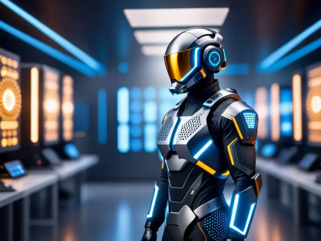 Soldado futurista con exoesqueleto de materiales avanzados de nanotecnología en laboratorio de defensa de alta tecnología