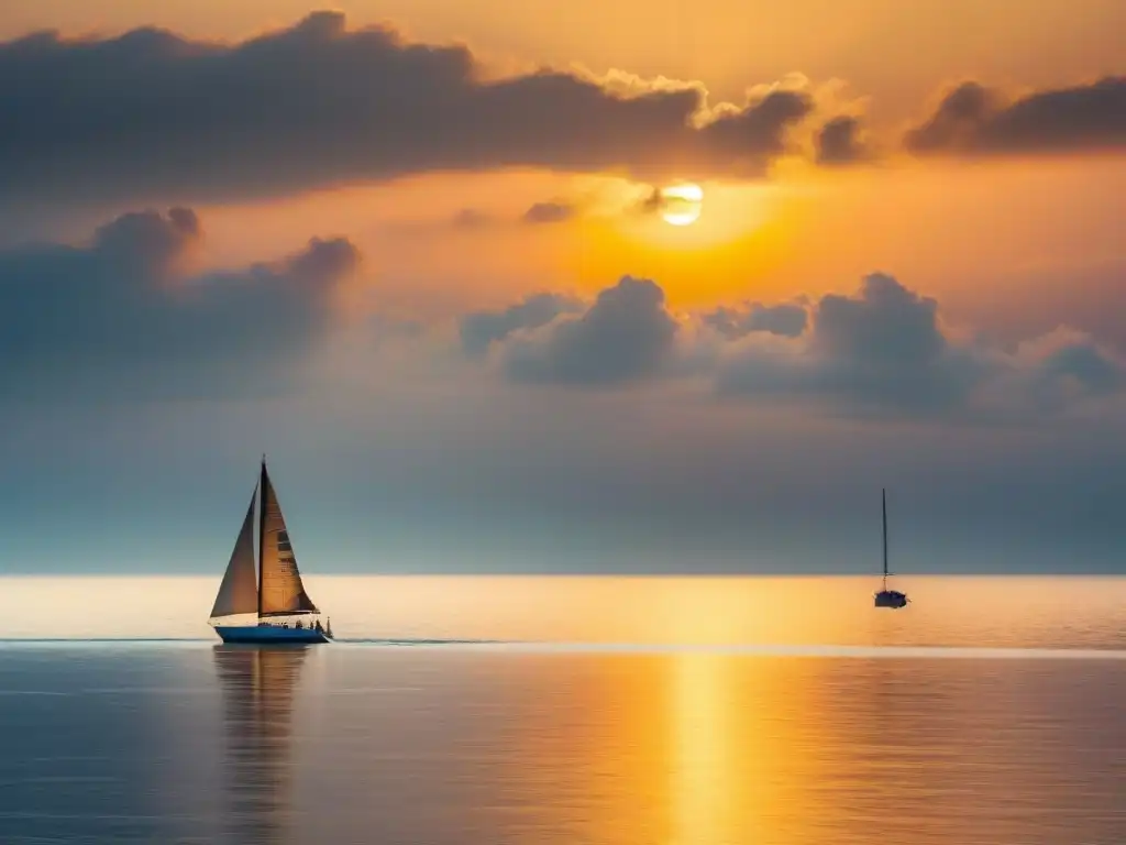 Un solitario velero navega en un vasto océano al atardecer, transmitiendo calma y posibilidades de colaboraciones globales en sostenibilidad marítima