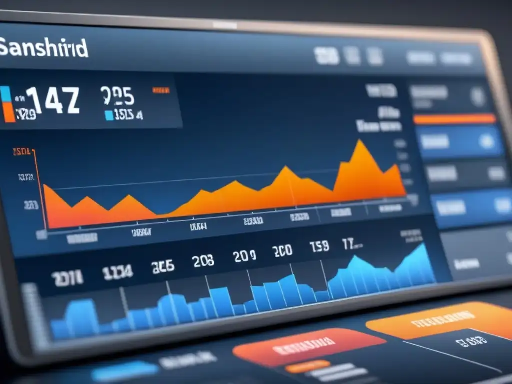 Un sorprendente tablero de ventas industriales con análisis de datos detallado en azules profundos, grises metálicos y toques de naranja vibrante