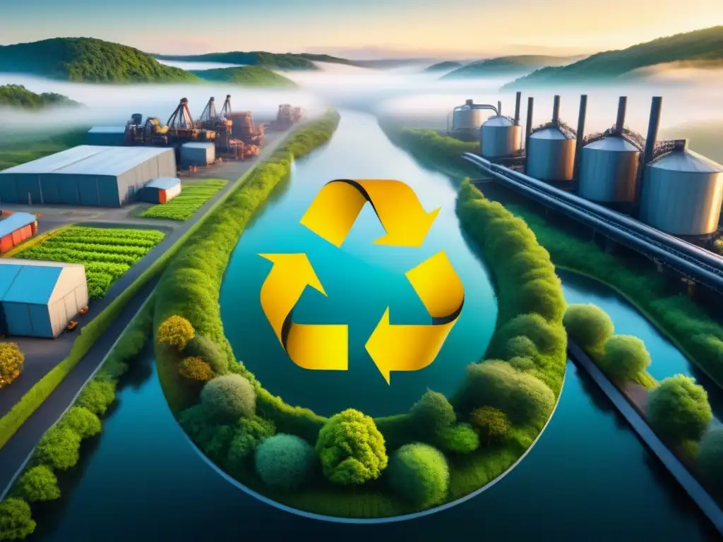 Sostenibilidad en la industria: Ilustración detallada de un sistema circular en un entorno industrial, fusionando maquinaria moderna con naturaleza