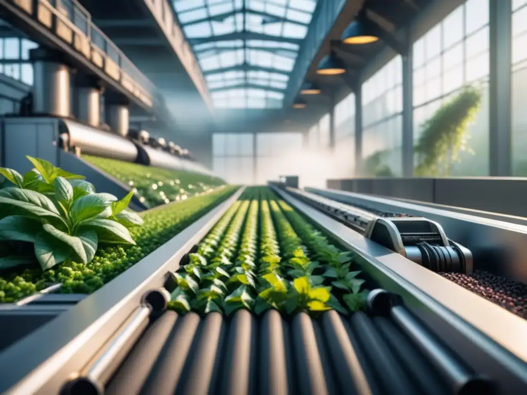 Sostenibilidad en la industria: Planta de reciclaje futurista integrada con la naturaleza, maquinaria plateada y vegetación exuberante