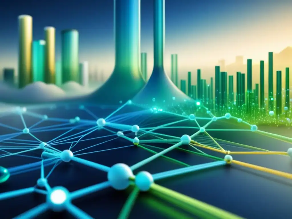 Visualización de Big Data para sostenibilidad química: red de datos interconectados en azules y verdes, simbolizando la innovación y eficiencia