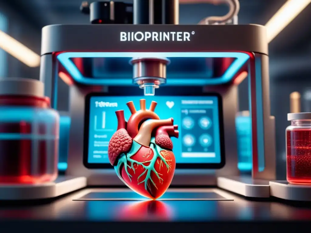 Bioimpresión de órganos sostenible: Avanzada tecnología creando un corazón humano con materiales eco en un laboratorio moderno y luminoso