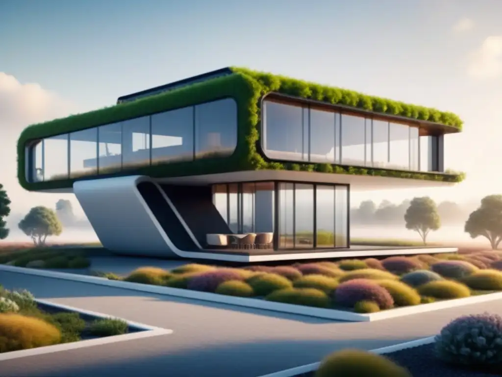 Construcción sostenible con impresión 3D: Edificio futurista ecofriendly en 3D con techos verdes y paneles solares