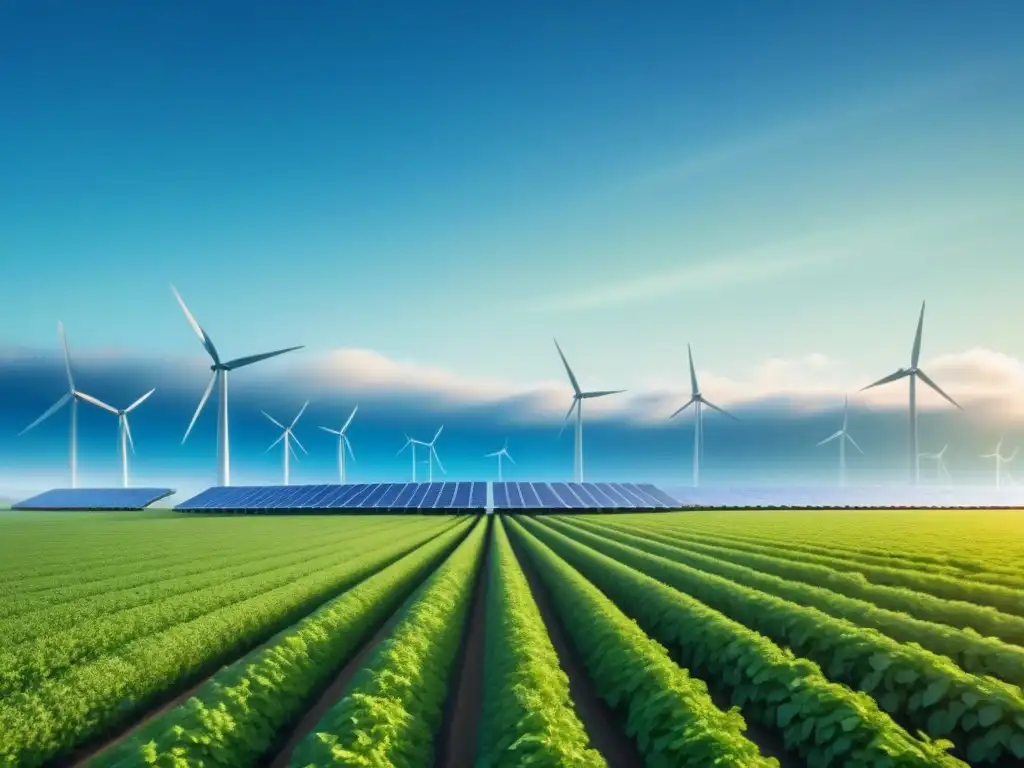 Inversión sostenible en fondos de energías renovables: campo verde con molinos de viento y paneles solares bajo cielo azul