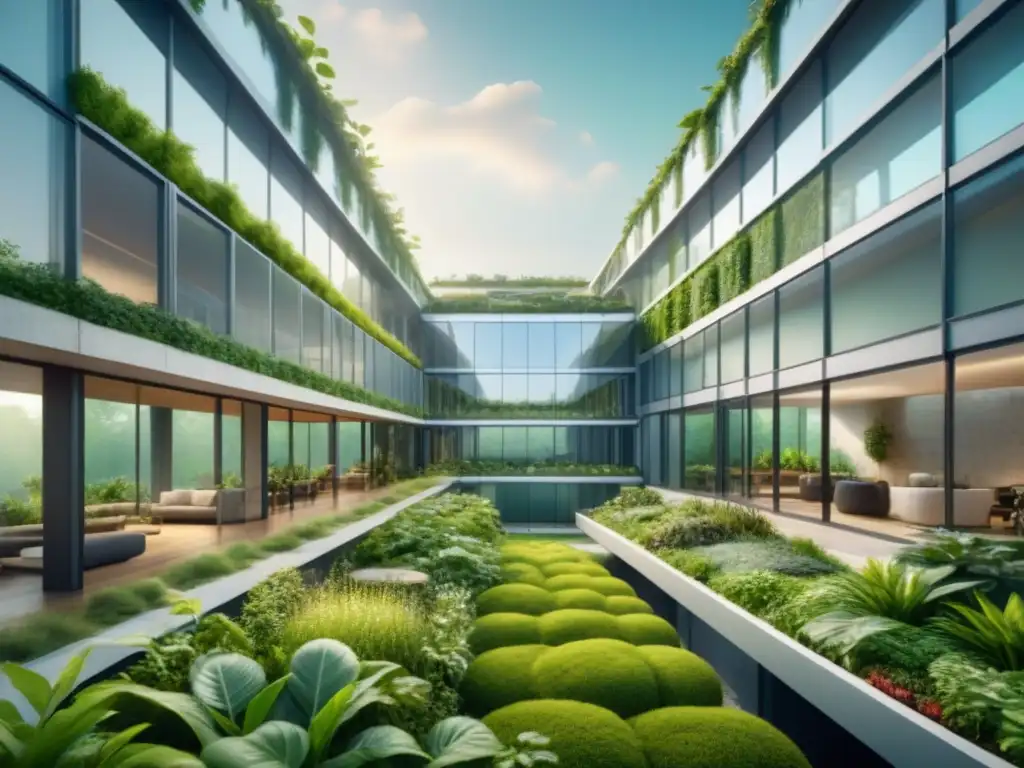 Construcción sostenible del futuro: edificio moderno integrado con naturaleza, reflejando armonía geotécnica verde