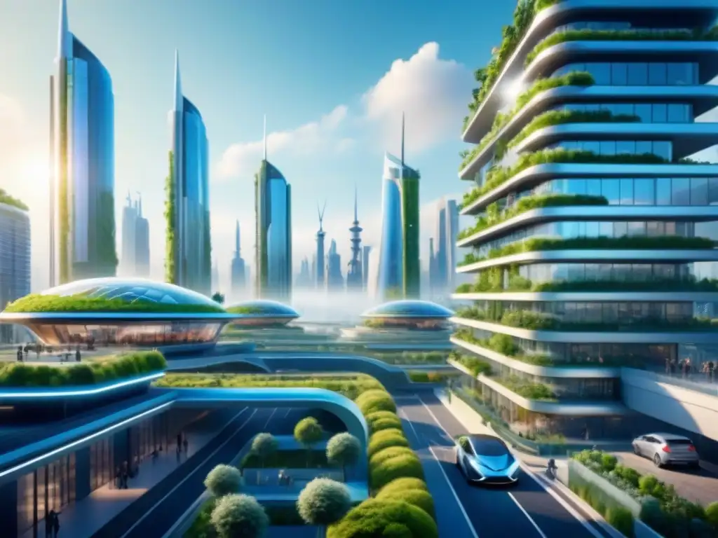 Innovación sostenible en diversas industrias: Futurista ciudad verde integrada con arquitectura ecológica y movilidad eléctrica, rodeada de naturaleza