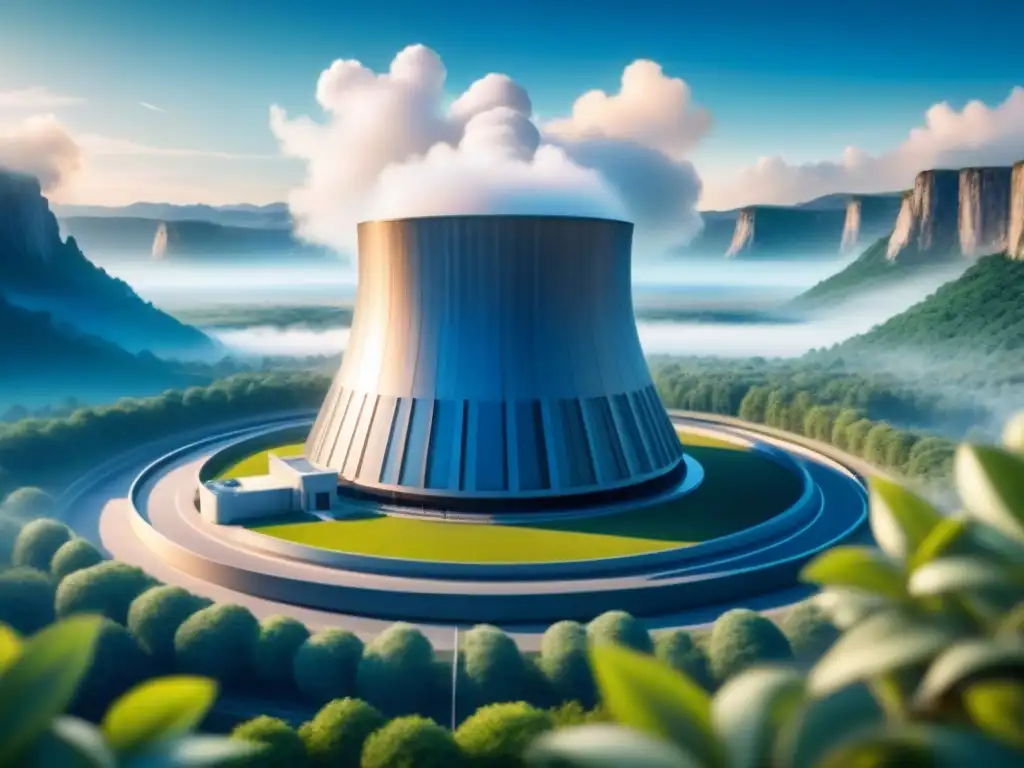 Producción sostenible con fusión nuclear: Ilustración minimalista de reactor futurista en paisaje sereno y verde