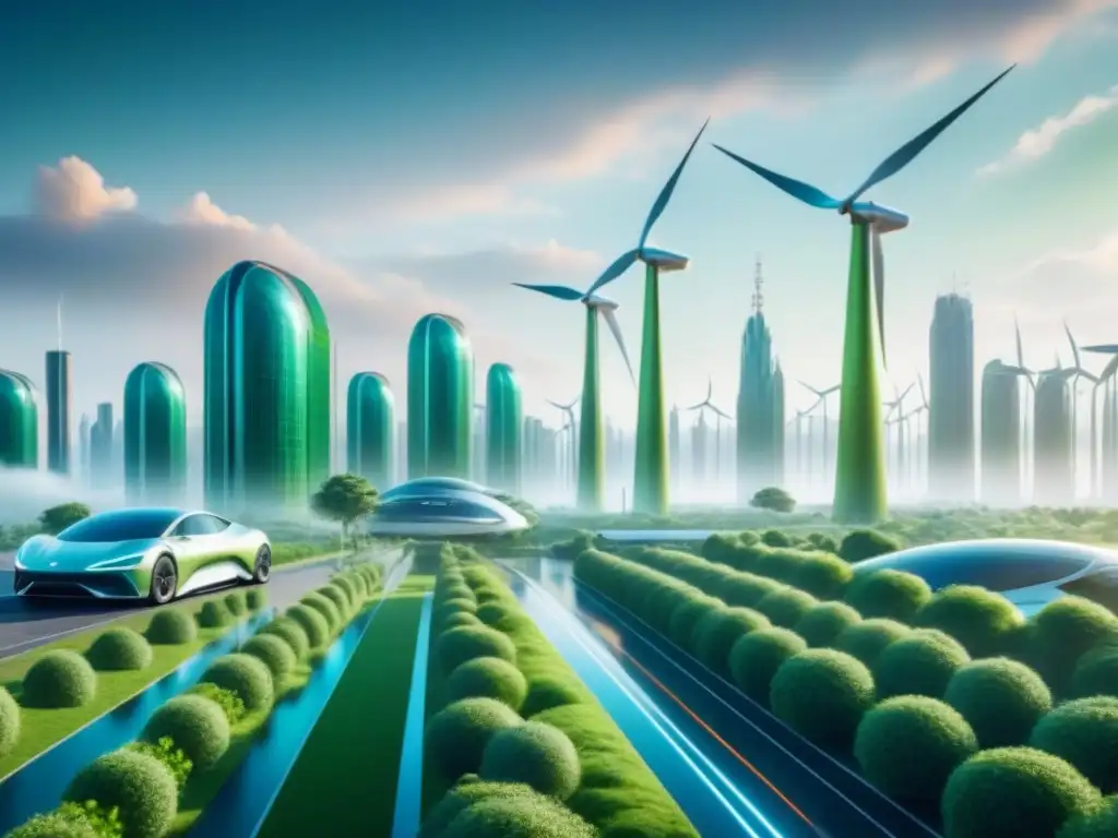 Innovación sostenible y políticas gubernamentales en una ciudad futurista con edificios verdes, paneles solares y vehículos eléctricos