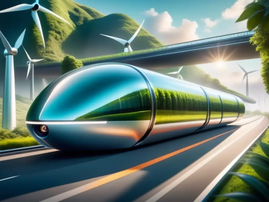 Futurístico Hyperloop sostenible reducción huella carbono: pod avanzando en paisaje verde con turbinas y paneles solares