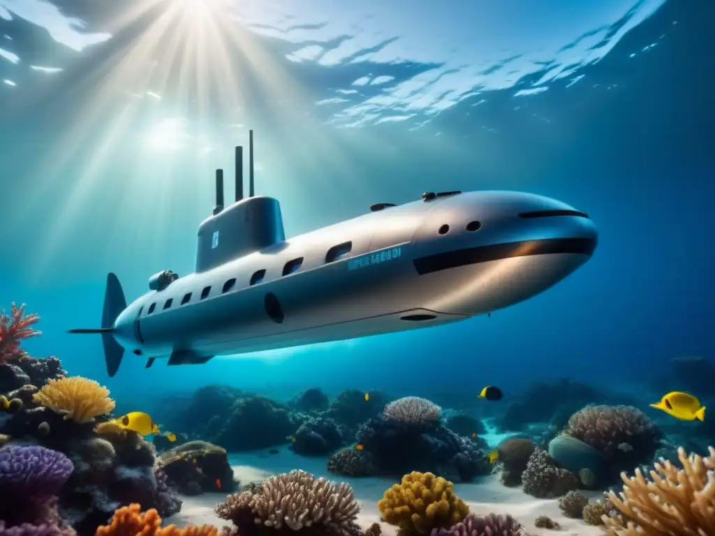 Un submarino futurista explorando el fondo marino, rodeado de vida marina y tecnología sostenible