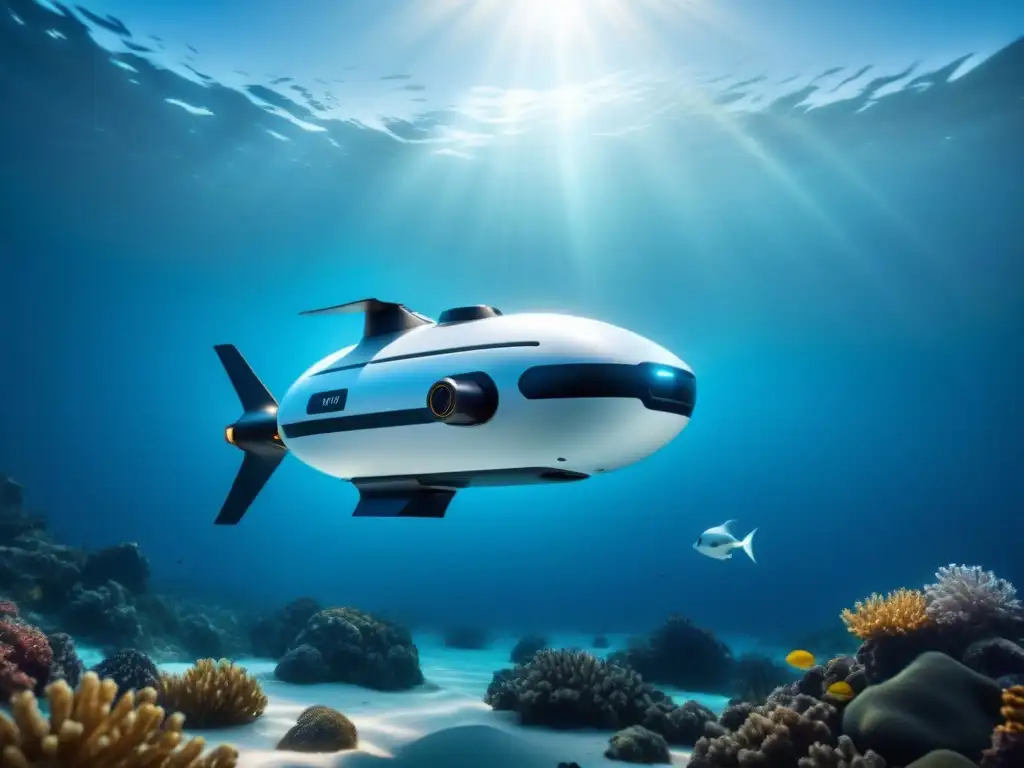 Exploración oceánica: drone submarino futurista surcando las profundidades marinas